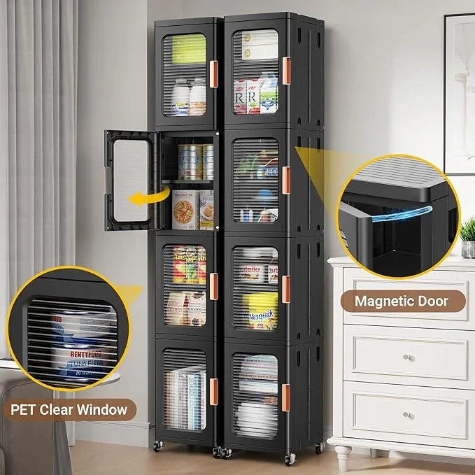 BROVIEW 8-Tier Tall Narrow Storage Cabinet Organizer, Slim Bathroom Cabinets with Adjustable Shelves and Doors, Plastic Kitchen Pantry Organizers and Storages for Small Space, Laundry, Black - ModernBath