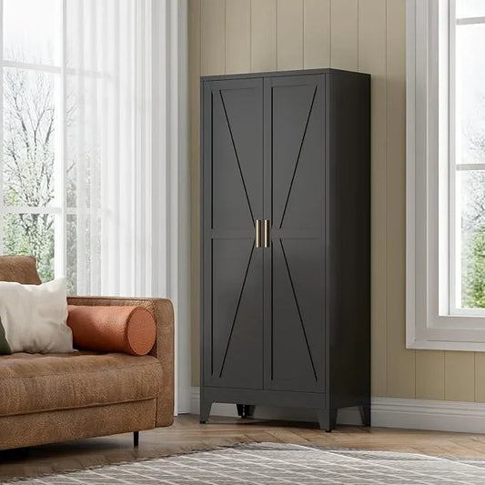 COFaR Black Farmhouse Storage Kitchen Pantry Cabinet with 2 Barn Door, 4 Adjustable Shelves and Legs, for Cupboard/Dining Room/Bathroom/Living Room/Office/Laundry Room (Black, 71" Farmhouse) - ModernBath