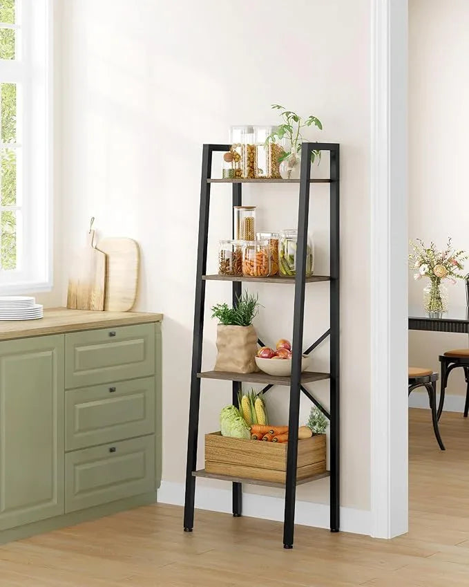 Hoctieon 4-Tier Industrial Ladder Bookshelf, Narrow Ladder Shelf, Tall Standing Bookshelf, Skinny Open Ladder Shelf, for Living Room, Home Office, Kitchen, Bedroom, Metal Frame, Greige - ModernBath