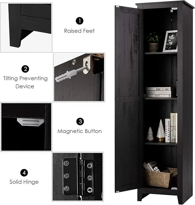 Giantex Tall Storage Cabinet Free Standing Floor Storage Tower with Four Shelves and Single Door, Narrow Cabinet for Bedroom, Living Room, Bathroom 17x16x72 Inch Utility Storage Cabinet (Black) - ModernBath