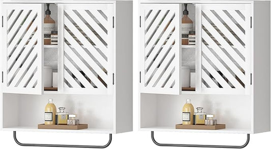 Wall Mounted Bathroom Cabinet with Openwork Doors and Towel Bar, Extra Deep Over The Toilet Storage, Waterproof Farmhouse Medicine Cabinet for Bathroom, Laundry Room (23.6"x8.3"x23.6", White, 2PCS)