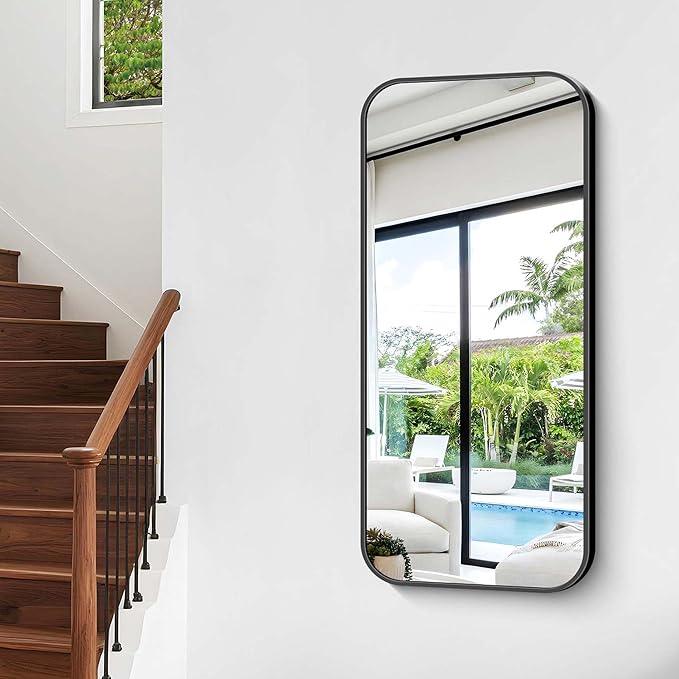 CIVENO Bathroom Mirror, 48 x 24 inch Black Rectangle Wall Mirror, Metal Framed Rectangular Vanity Mirror, Rounded Corner Wall Mounted Mirror for Modern Bedroom Living Room Horizontal/Vertical - ModernBath