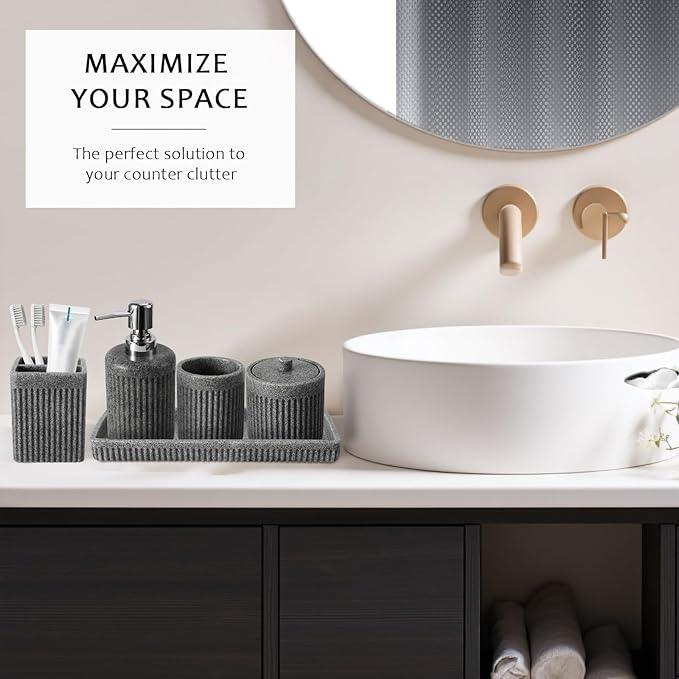 XLHOMO 8-Piece Grey Bathroom Set - Resin Bathroom Accessories Sets Complete with Shower Curtain and Rugs, Soap Dispenser, Toothbrush Holder, Tumbler & Apothecary Jars - ModernBath