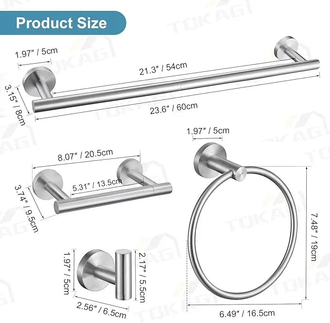 TQKAG 8-Pieces Bathroom Hardware Set Brushed Nickel SUS304 Stainless Steel Bath Towel Bar Set 23.6 Inch Round Bathroom Accessories Kit Wall Mounted - ModernBath