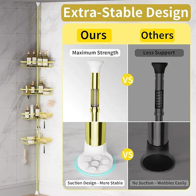 KEGII Corner Gold Shower Caddy Tension Pole - 4-Tier Rustproof Shower Rod Organizer, Floor to Ceiling Tension Rod 25-114.2 inch, Stainless Steel Corner Shower Shelf, Waterproof - ModernBath