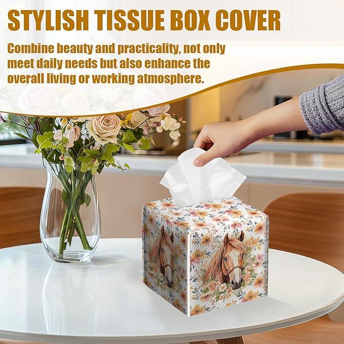 Horse Floral Tissue Box Cover 2PCS, Leather Tissue Box Holder Square Facial Paper Case Tissue Box Cube Organizer for Bathroom Bedroom Desk Office - ModernBath