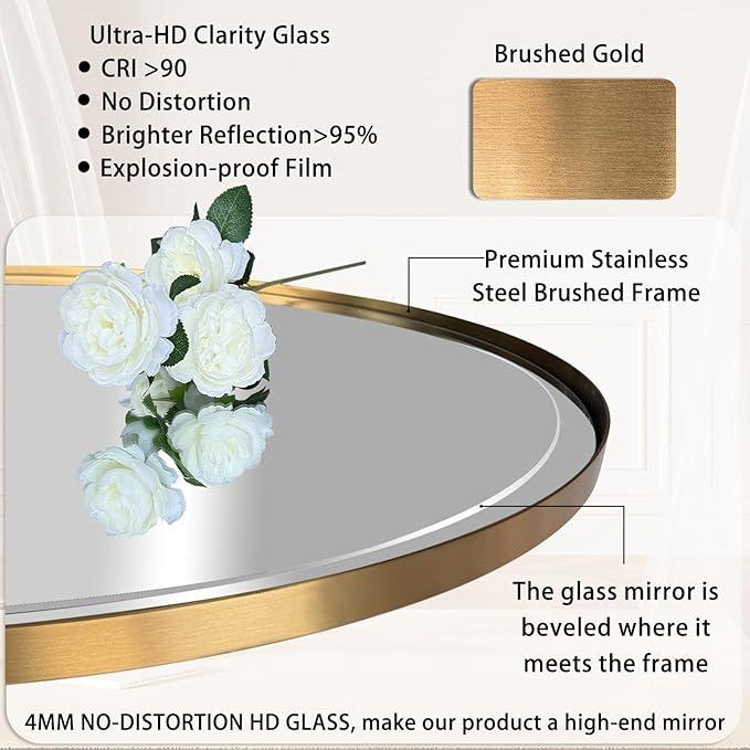 POZINO Brushed Gold Beveled Mirror, 24"x36" Brass Oval Mirrors, Bathroom Mirror for Over Sink, Modern Rounded Vanity Wall Mirrors in Premium Stainless Steel Frame, Hangs Horizontal Or Vertical - ModernBath