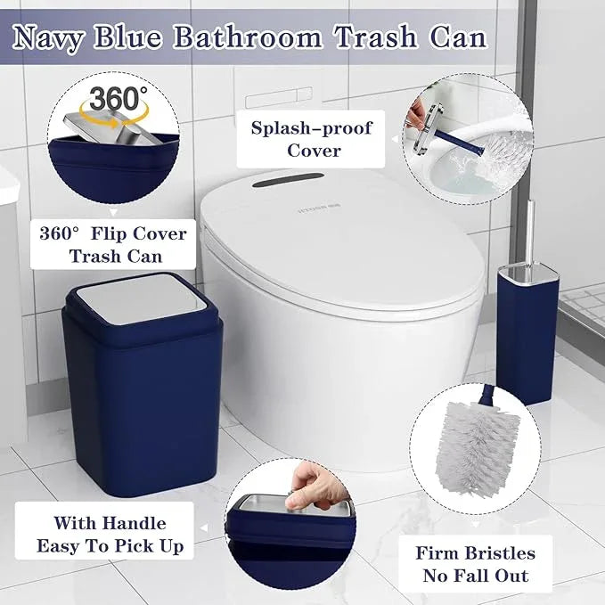 XLHOMO 24PC Navy Blue Bathroom Set with Shower Curtain and Rugs, Blue Bathroom Sets Complete with Trash Can,Soap Dispenser,Soap Dish,Toilet Brush,Toothbrush Holder and Cup,Tray,Q-Tip Holders - ModernBath