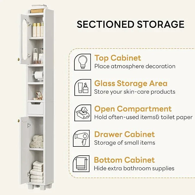 LIKIMIO 69" H Tall Bathroom Storage Cabinet with 2 Doors & 1 Drawer, Narrow Adjustable Shelves & Pull-Out Tissue Holder, Slim Freestanding Cabinet for Small Spaces, Kitchen, Entryway, White - ModernBath