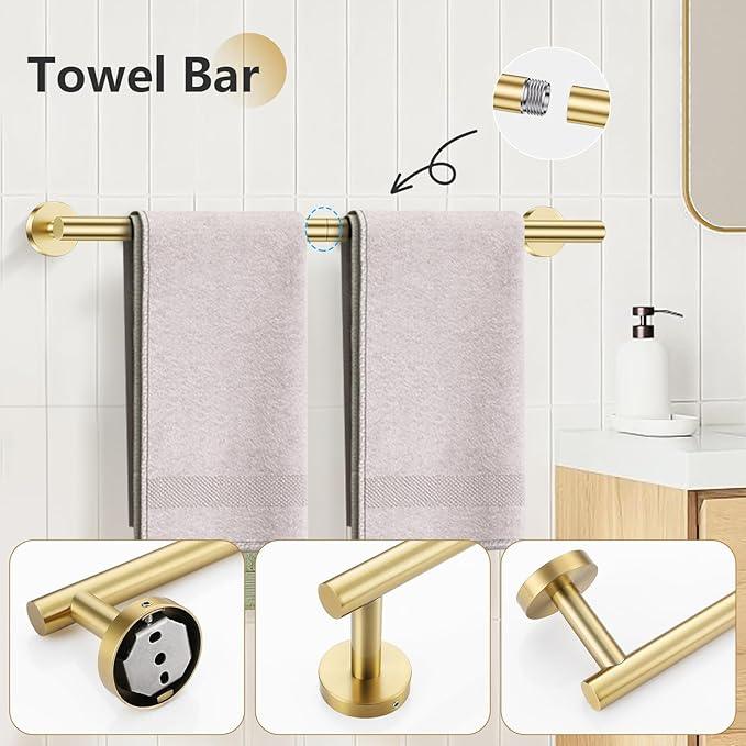 TNOMS 5-Piece Towel Bar Set Brushed Gold Bathroom Hardware Accessories Set Include 23.6in Towel Bar Toilet Paper Holder Towel Ring Towel Hooks Stainless Steel Towel Holder Set Wall Mounted - ModernBath