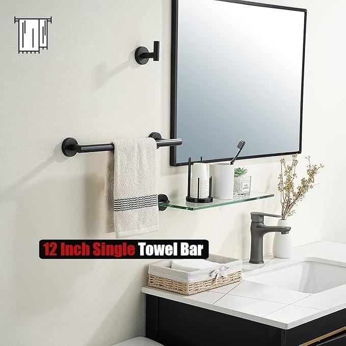 JQK Black Towel Bar, 12 Inch 304 Stainless Steel Thicken 0.8mm Hand Towel Rack, Bathroom Towel Holder Matte Black Wall Mount, Total Length 15 Inch TB110L12-PB - ModernBath
