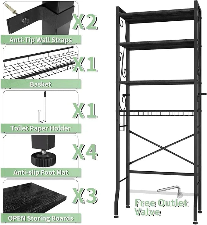 Over-The-Toilet Storage Rack 4-Tier,Bathroom Organizer Shelf Over Toilet,Adjustable Wooden Shelves and Basket,Freestanding Above Toilet Shelf,Space Saver for Rooms(Black Rack-Black Shelves) - ModernBath