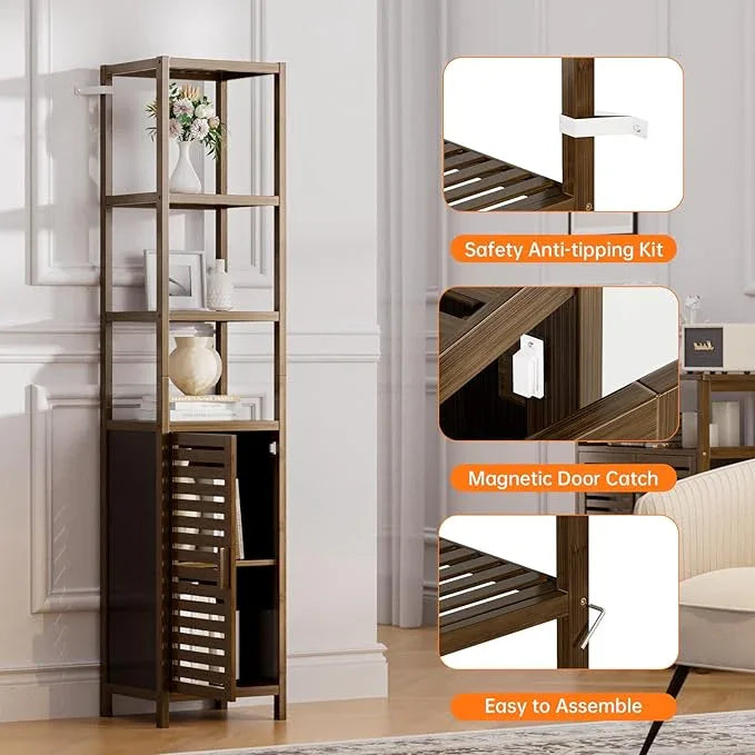HITNET Bathroom Cabinet, Bamboo Floor Cabinet Freestanding Narrow Storage Unit with Removable Shelves, 6 Tier Tall Cabinet, Walnut - ModernBath