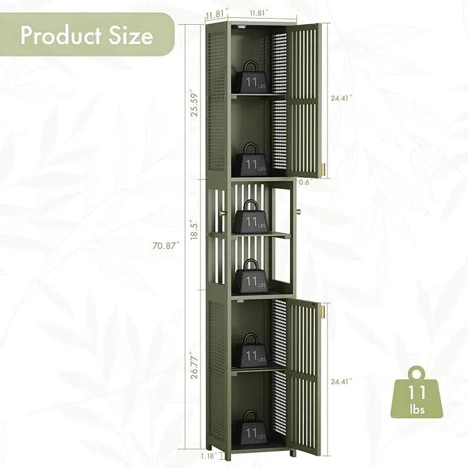 Amazer 70'' Tall Bathroom Storage Cabinet Bamboo, Slim Storage Cabinet with Rattan Door and Adjustable Shelves, Narrow Freestanding Organizer for Living Room Kitchen, Forest Green - ModernBath