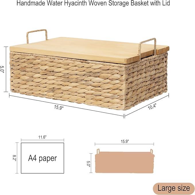 Handmade Water Hyacinth Woven Storage Basket with Lid, Multi - Functional Wicker Organizing Baskets (Large) - ModernBath