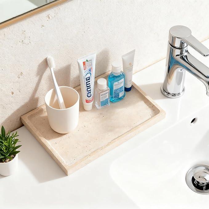 Real Luxurious Natural Travertine Tray - 12x8 Inch Marble Vanity Tray for Perfume Display, Jewelry Organizer, Bathroom & Home Decor -Heavy Duty Non-Slip Stone Tray (Non-Resin/Non-Ceramic) - ModernBath