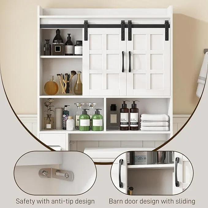 Over The Toilet Storage Cabinet, Farmhouse Storage Cabinet Over Toilet with Sliding Doors，Home Space-Saving Toilet Rack, for Bathroom, Restroom, Laundry,White - ModernBath
