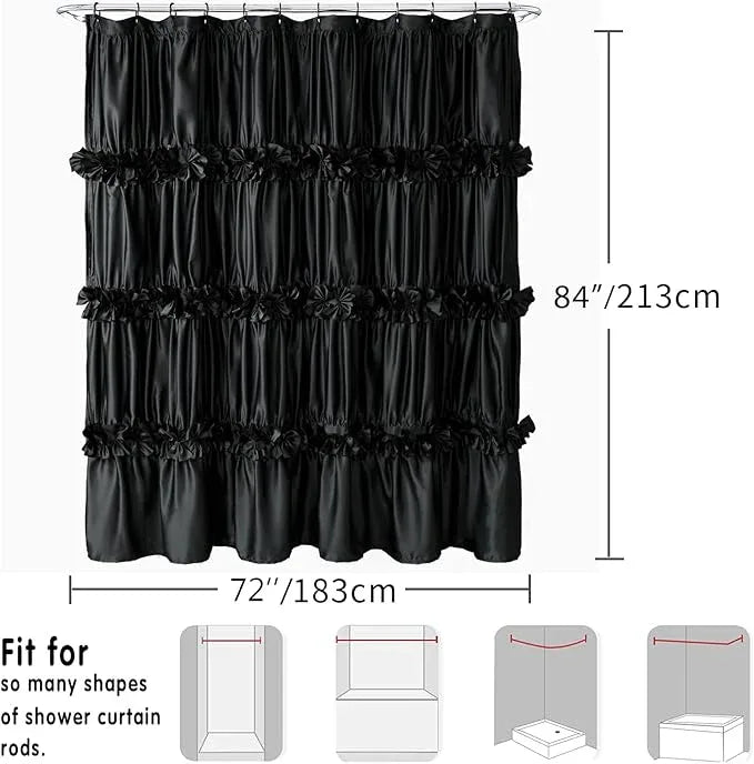 Homechoice Decor Black Ruffle Shower Curtain, Vintage Handcrafted Bow Tie Bath Curtain for Master Bathroom, Ruched Satin Bathroom Curtain with 12 Buttonholes, 72" W x 84" H (LQ-10) - ModernBath