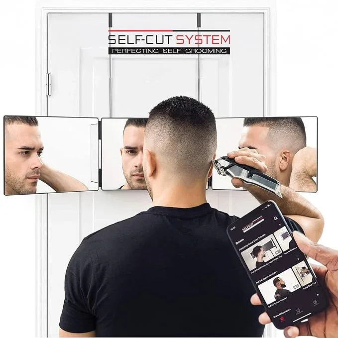 Self-Cut System 3 Way Barber Mirror with Height Adjustable Hooks, 360 Trifold Self Cut Mirror for Haircuts for Men and Women, Travel-Friendly, Three-Way Design for Easy Grooming & Styling - ModernBath