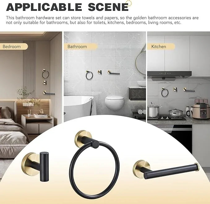 Bathroom Hardware Set 3 Piece Black&Gold Wall Mounted Stainless Steel Hardware Towel Bar Set Gold Bathroom Accessories Towel Rack Set Kit Includes Hand Towel Ring, Toilet Paper Holder, Robe Hook - ModernBath