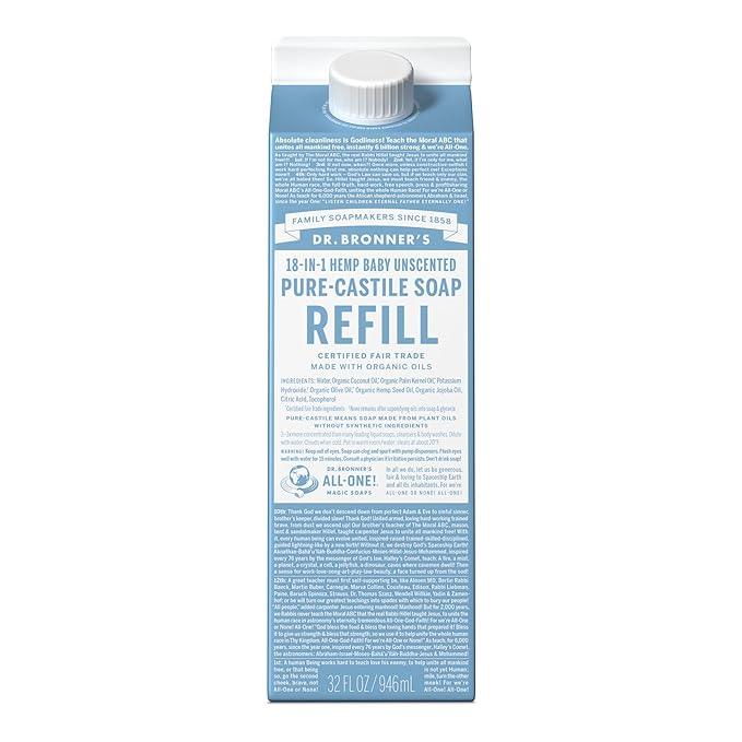 Dr. Bronner's Pure-Castile Liquid Soap Refill - Made with Regenerative Organic Certified Oils, 86% Less Plastic - 18-in-1 Uses, For Face, Body Wash, Hand Soap Refill & More - Baby Unscented, 32oz - ModernBath