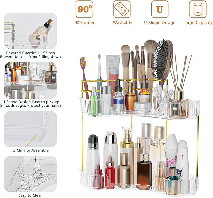 Webetop Corner Makeup Organizer for Vanity, 2 Tier Bathroom Cosmetics Organizer Countertop with Make up Brush Holder Corner Counter Storage Skincare Organizer for Bathroom Dresser Toiletry(Clear) - ModernBath
