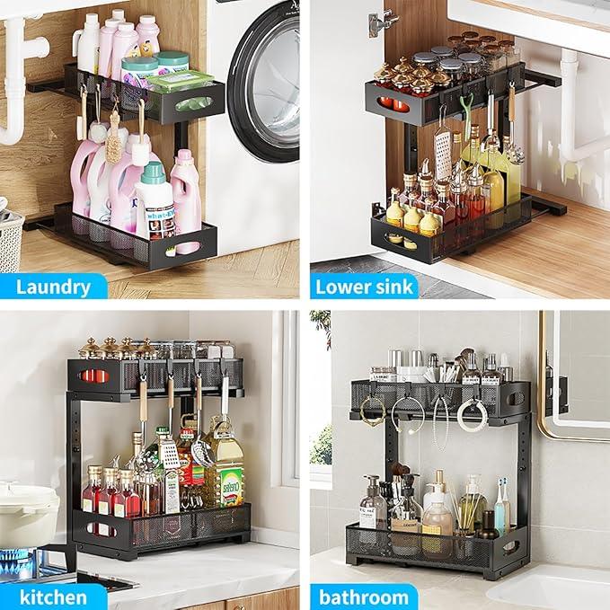 Under Sink Organizer, 2-Tier Pull Out Cabinet Organizer with Adjustable Height, Use in Kitchen Bathroom Cabinet and Countertop Storage, Black - ModernBath