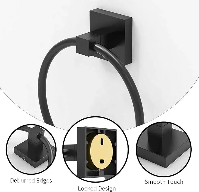 RUACQ Towel Ring-Matte Black Towel Holder Square Base Stainless Steel and Zinc Alloy Modern Wall Mounted - ModernBath