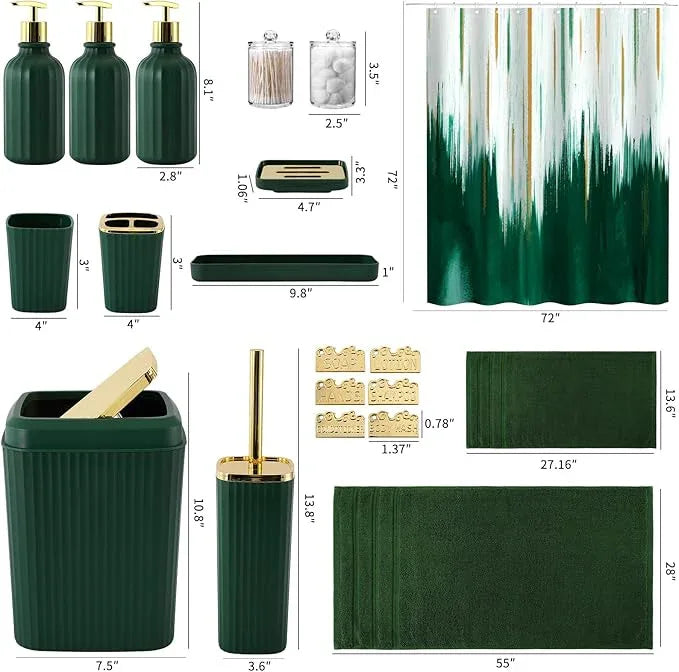 WSBArt 32PCS Bathroom Accessory Set Green Bathroom Accessories Bathroom Set, Shower Curtain Set, 2 Piece Bath Towel Set, 3PC Soap Dispenser, Toilet Brush & Trash Can - ModernBath