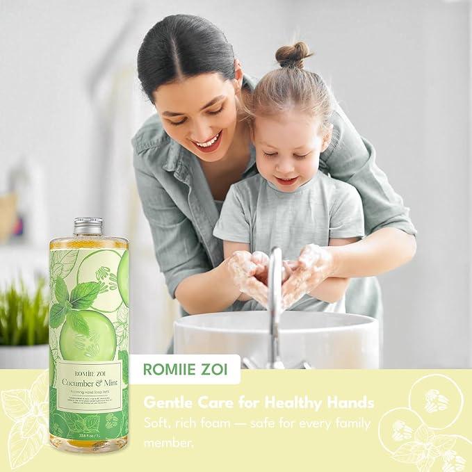 ROMIIE ZOI Foaming Hand Soap Refill Gift Set – 3 Pack (1000ML Each) with Dispenser – Cucumber & Mint Scent – Gentle & Moisturizing Plant-Based Formula – Bulk Refill Bottles for Bathroom & Kitchen Use - ModernBath