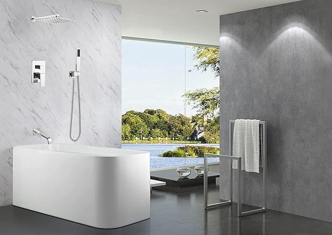 JingGang Chrome Shower System with Tub Spout Wall Mounted Tub Shower Faucet Set for Bathroom with High Pressure 10" Rain Shower head and Handheld Shower Head Kit - ModernBath