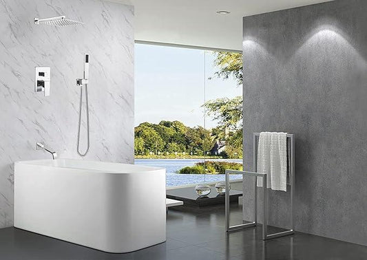 JingGang Chrome Shower System with Tub Spout Wall Mounted Tub Shower Faucet Set for Bathroom with High Pressure 10" Rain Shower head and Handheld Shower Head Kit - ModernBath