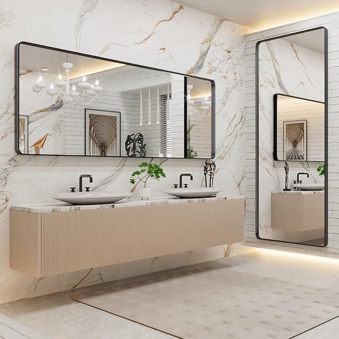 LOAAO 84x32 Inch Black Metal Framed Bathroom Mirror for Wall, Matte Black Bathroom Vanity Mirror Farmhouse, Large Rounded Rectangle Mirror, Anti-Rust, Tempered Glass, Hangs Horizontally or Vertically - ModernBath