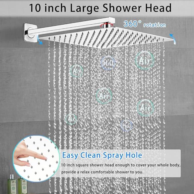 Chrome Shower System YCAIKOI Wall Mount Shower Faucet Set for Bathroom 10 Inch High Pressure Luxury Shower Head with Handheld, Rough-in Valve Body and Trim Included - ModernBath