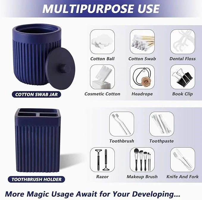 XLHOMO Resin Navy Blue Bathroom Accessories Set 5 Pcs, Lotion Soap Dispenser, Toothbrush Holder, Bathroom Tumbler, Qtip Holder and Vanity Tray, Bathroom Countertop Organizer Set for Modern Apartment - ModernBath