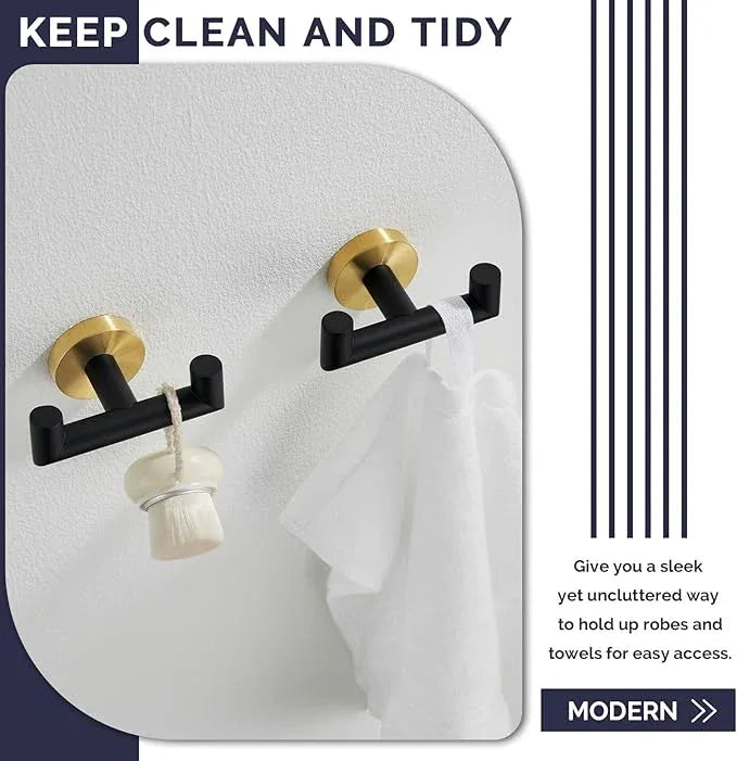 Angle Simple Towel Double Hook Black & Gold, 2 PCS Stainless Steel Bathroom Towel Holder, Dual Robe Coat Hook for Wall - ModernBath