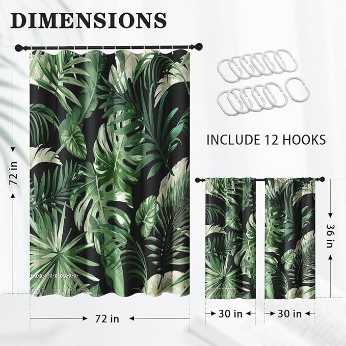 Culudea Green Tropical Plant Jungle Leaf Waffle Textured Cloth Shower Curtain Set, Palm Tree Leaves Black Bathroom Window Waterproof Shower Curtains for Bathroom Decor - ModernBath