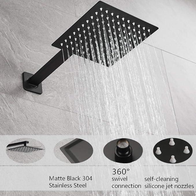 Heable Matte Black Shower Faucet Set, Single Function Shower Trim Kit with Rough-in Valve, Square Rain Shower Head System Included Extra Long Shower Arm for Bathroom - ModernBath