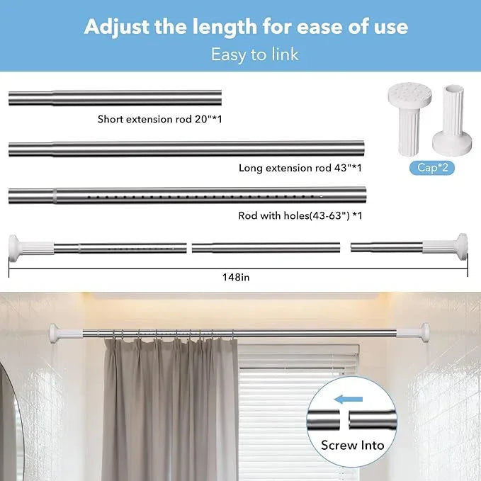 Tension Curtain Rod 51–148 In (4.25–12.33 ft),Extra Long Outdoor Curtain Rod for Window or Bathroom Patio,Easy to Install No Drilling Never Rust,Heavy Duty Adjustable Spring Shower Rod - ModernBath