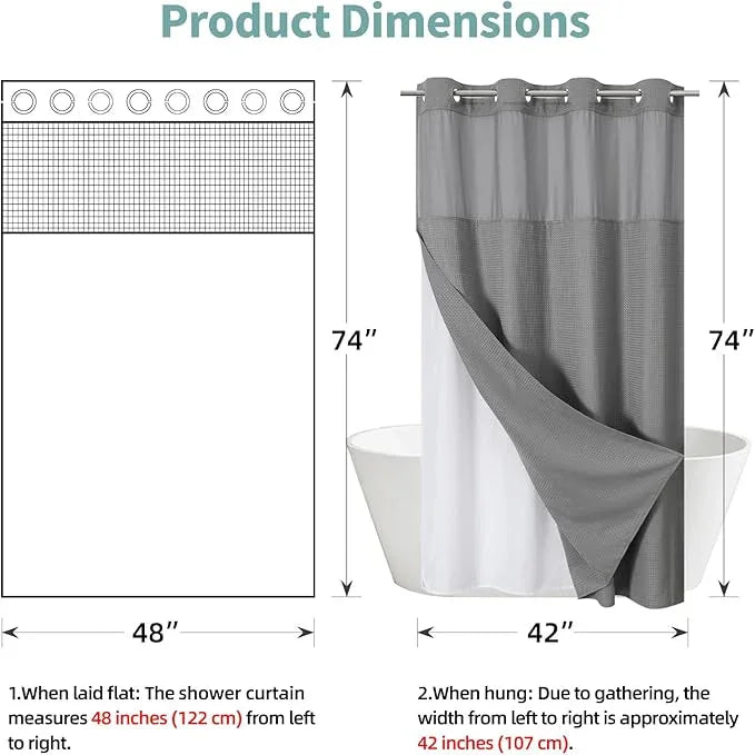 eachope Grey No Hook Waffle Weave Shower Curtain with snap-in Liner Replacement, 230GSM Waterproof Fabric Hotel Shower Curtain Set for Bathroom, Through Mesh Top Window,48Wx74H - ModernBath