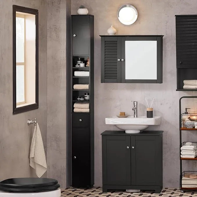 SoBuy Narrow Bathroom Storage Cabinet, Tall Slim Bathroom Organizers and Storage for Small Spaces, Freestanding Skinny Cabinet with Doors and Shelves for Tight Corners, Black BZR34-SCH - ModernBath