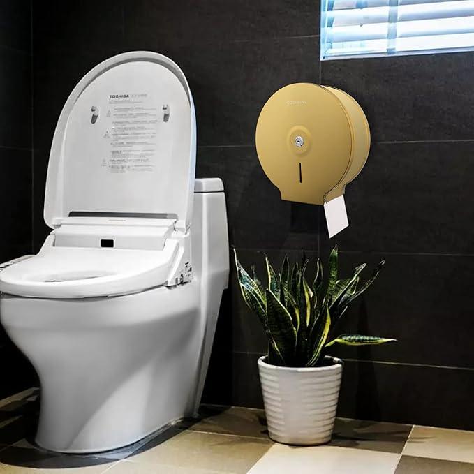 Commercial Jumbo Toilet Paper Dispenser, Wall Mount Stainless Steel 9 Inch Roll Toilet Paper Holder Bath Tissue Dispenser with Lock Key (Gold) - ModernBath