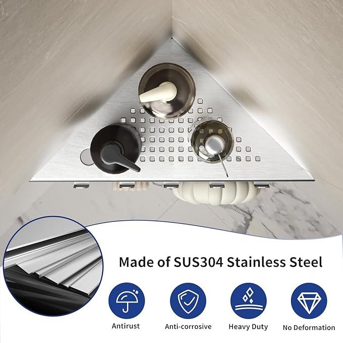 Grout in Shower Shelves with Hooks, 304 Stainless Steel Corner Bathroom Shelf for Tiled Wall (Brushed, 10'' x 10'') - ModernBath