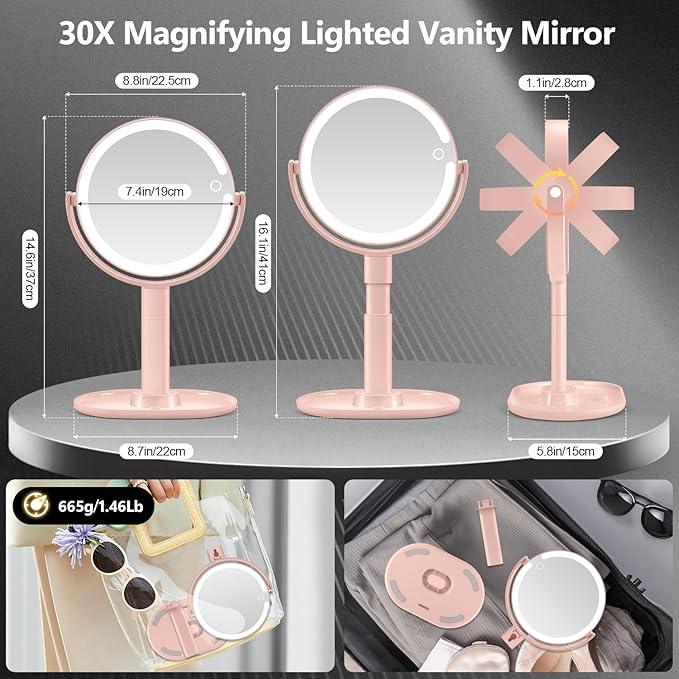 MIYADIVA Makeup Mirror with Lights, 30X Magnifying Mirror with Light and Touch Switch, Vanity Mirror with 3 Color Light and 80 LEDs, Height Adjustable Desk Mirror with Light, Pink - ModernBath