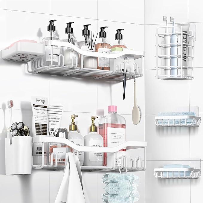 Shower Caddy Adhesive Shower Organizer 7-Pack, Rustproof Stainless Steel Bathroom Shelves, Large Capacity No-Drill Rack Storage Accessories with Soap Dish Toothbrush Holder Hooks (White) - ModernBath