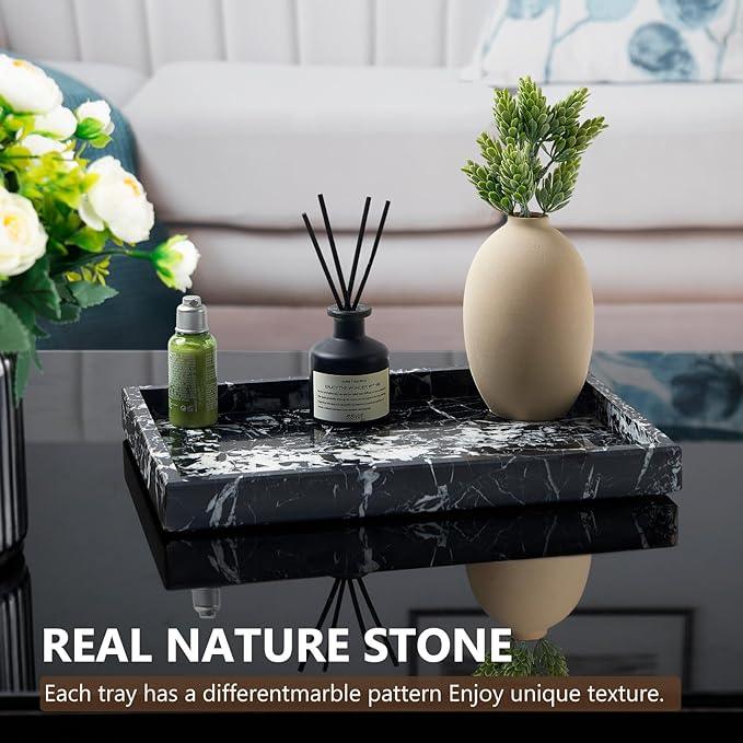 Zilukar Real Natural Marble Tray for Bathroom, Vanity, Kitchen and Desktop, Rectangle Genuine Marble Stone Tray for Jewelry, Cosmetics, Candles, Lotion, Perfume and Home Decor (Black) - ModernBath