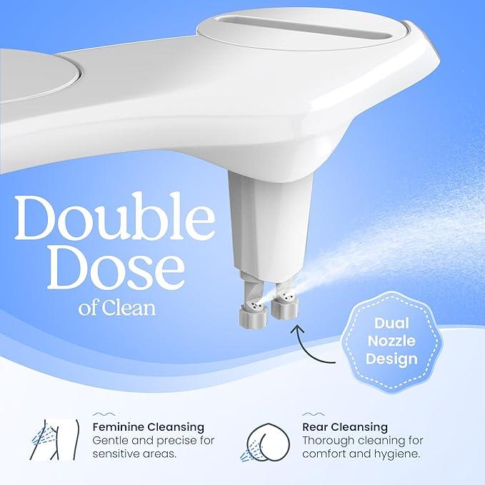 CLEAR REAR Bidet Attachment for Toilet Seat - Non-Electric, Self-Cleaning Dual Nozzle, Adjustable Water Pressure, Rear & Feminine Wash Hygienic Bathroom Upgrades - Fits Elongated Toilets (2 Pack) - ModernBath