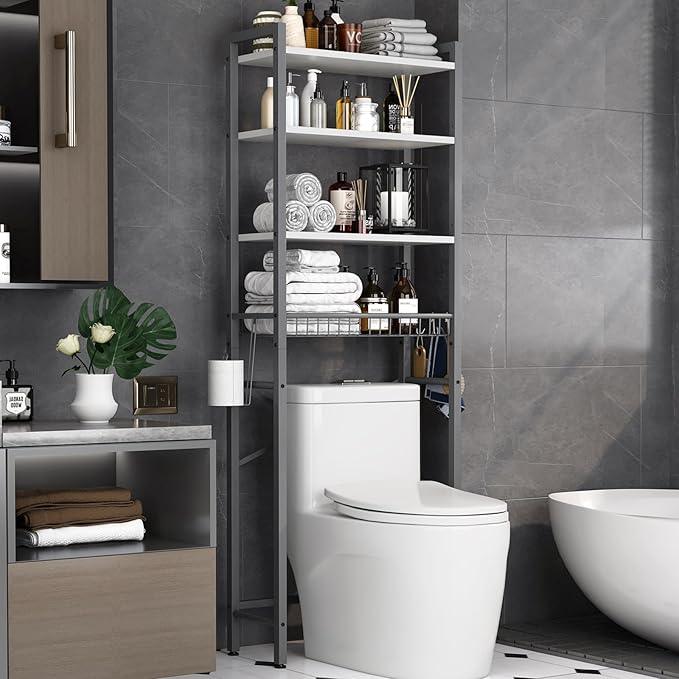 Over-The-Toilet Storage Rack, 4-Tier Bathroom Organizer Shelf Over Toilet with Adjustable Shelf and Basket, Freestanding Space Saver Bathroom Shelves Above Toilet for Room (Gray- White) - ModernBath