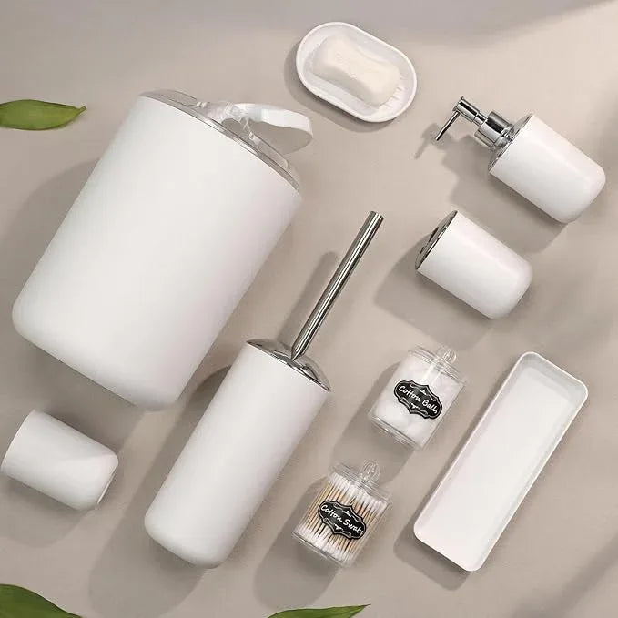 White Bathroom Set,9 Piece Bathroom Accessories Set,Tray,Soap Dispenser,Toothbrush Holder,Toothbrush Cup,Soap Dish,Toilet Brush,Qtip Holders,Trash Can for Bathroom Décor and Housewarming Gifts - ModernBath
