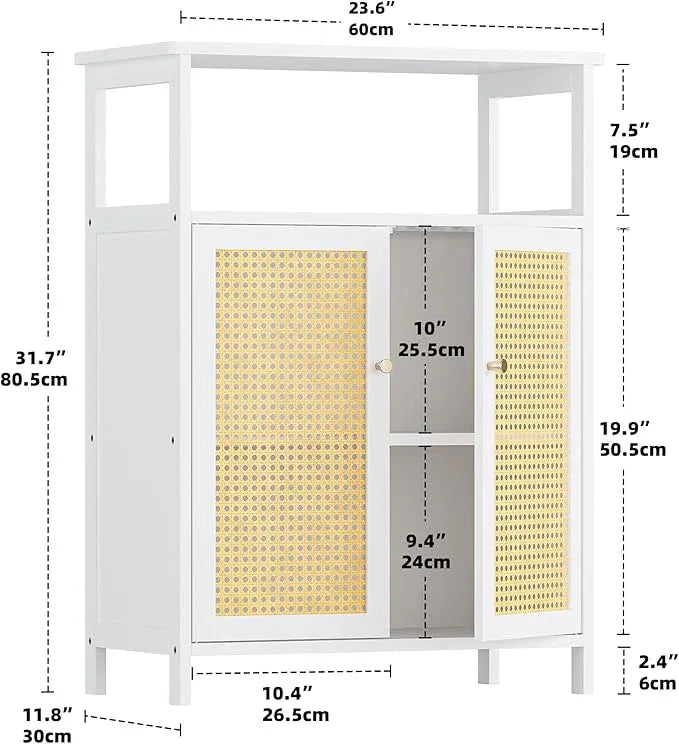 HITNET Bamboo Cabinet, Rattan Storage Cabinet with Doors, Freestanding Floor Cupboard for Bathroom, Living Room, Hallway, White - ModernBath